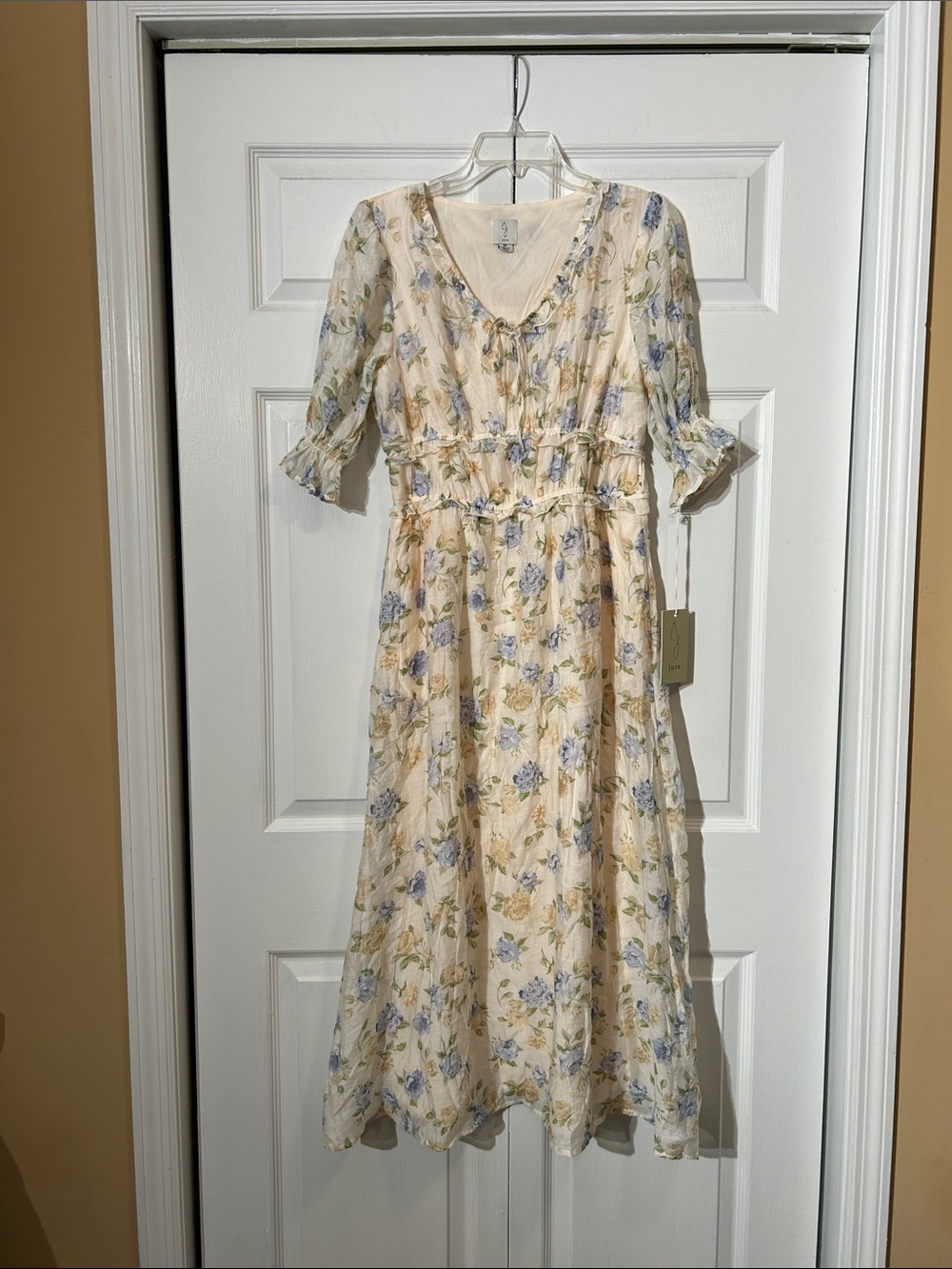 NWT Joie Cream Midi Dress with Blue, Beige Multicolor Floral Print Size M Medium
